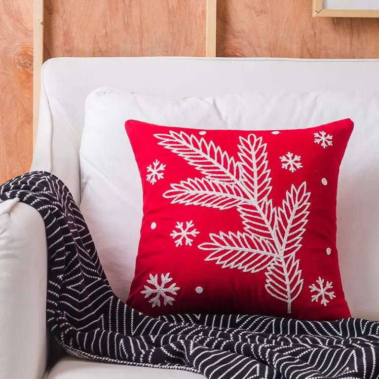 Cushion Cover with Pine Branch & Snowflakes Embroidery – 45x45cm