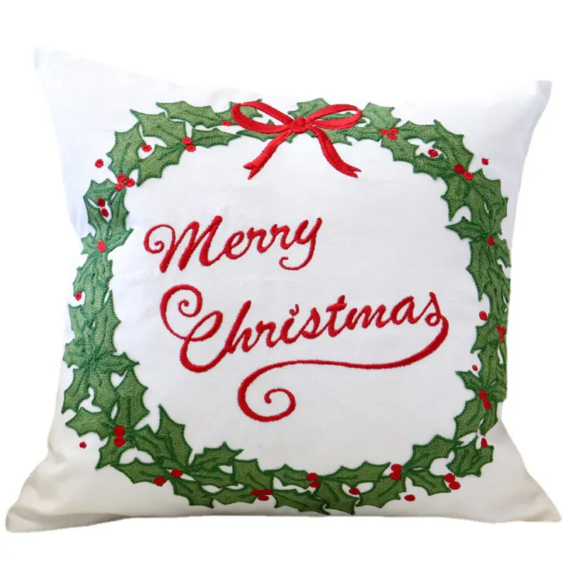 Cushion Cover with Merry Christmas Wreath Embroidery – 45x45cm