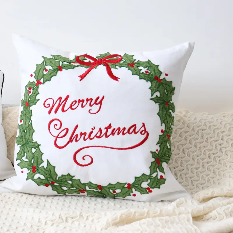 Cushion Cover with Merry Christmas Wreath Embroidery – 45x45cm
