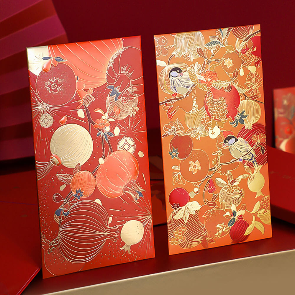 Set of 6 High Quality 160gsm Paper Red Packets with Pomegranate & Birds