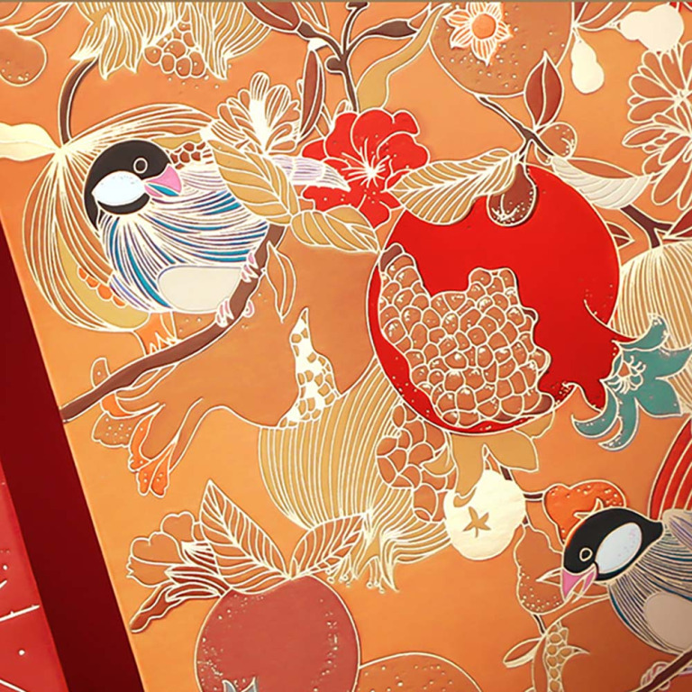 Set of 6 High Quality 160gsm Paper Red Packets with Pomegranate & Birds