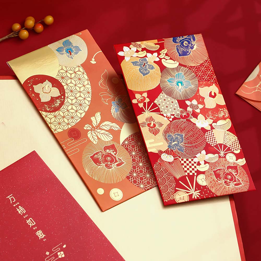 Set of 6 High Quality 160gsm Paper Red Packets with Lucky Persimmons