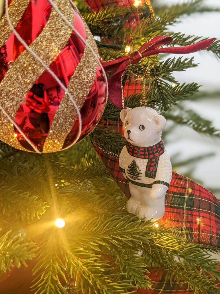 Spode Teddy Bear in Christmas Tree Sweater Porcelain Ornament