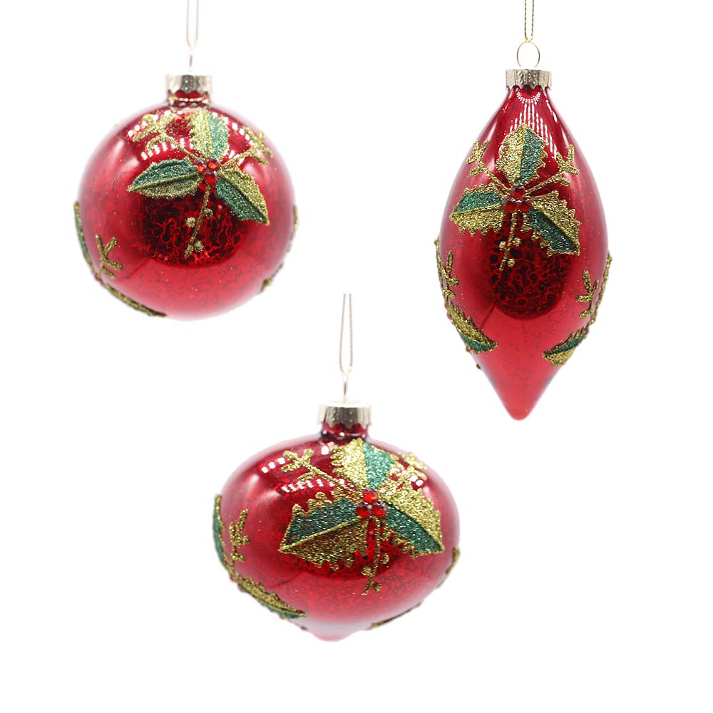 Red Glass Ornaments with Mistletoes – Set of 6