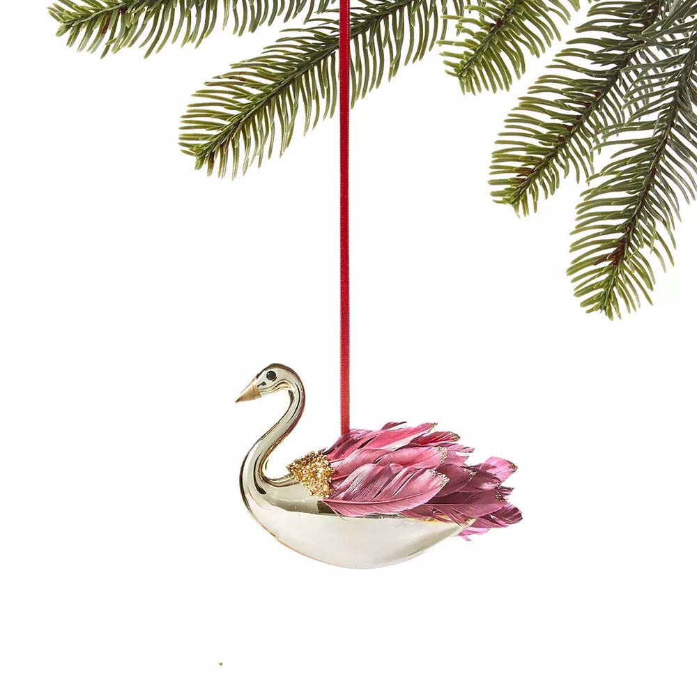 Pink Feather Gold Glass Swan Christmas Ornament – Holiday Lane