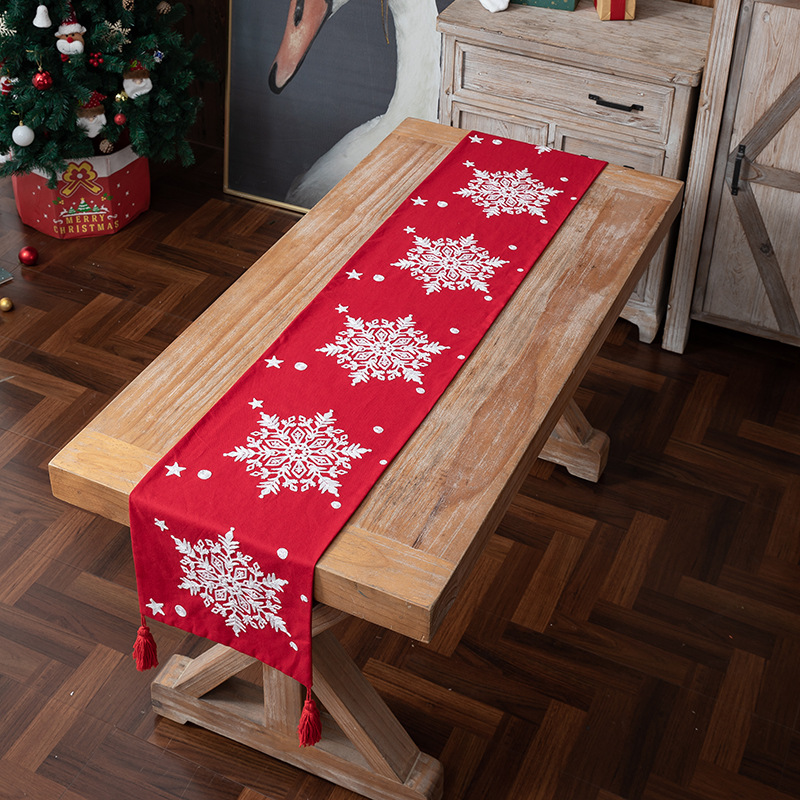 Red Table Runner with White Snowflakes Embroidery