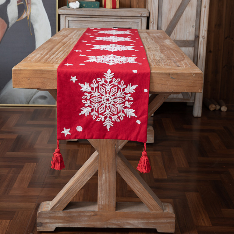 Red Table Runner with White Snowflakes Embroidery