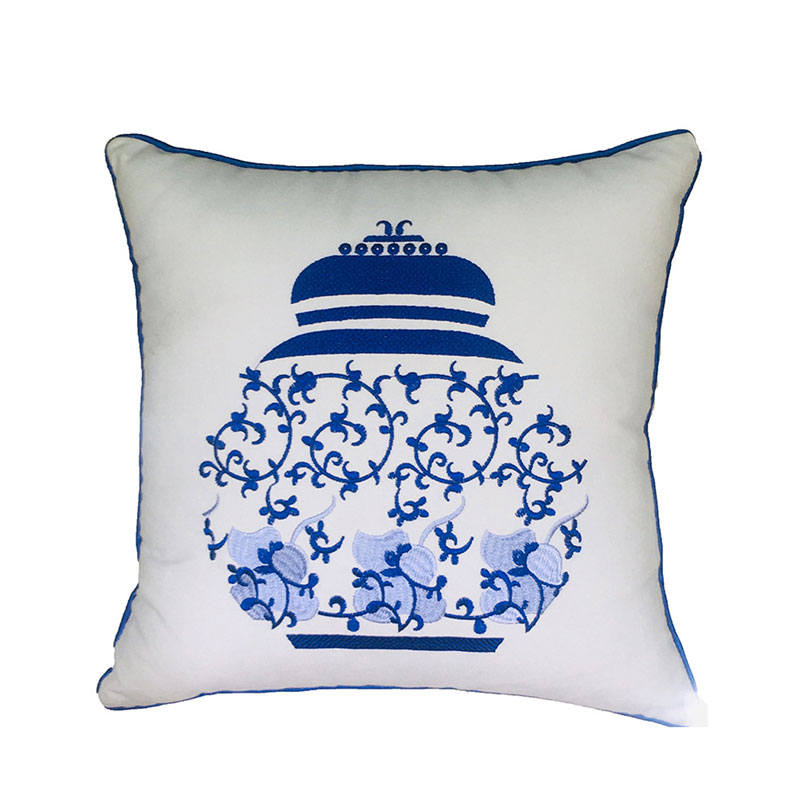 Cushion Cover with Embroidered Chinoiserie Blue White Vase 45x45cm – Style 1