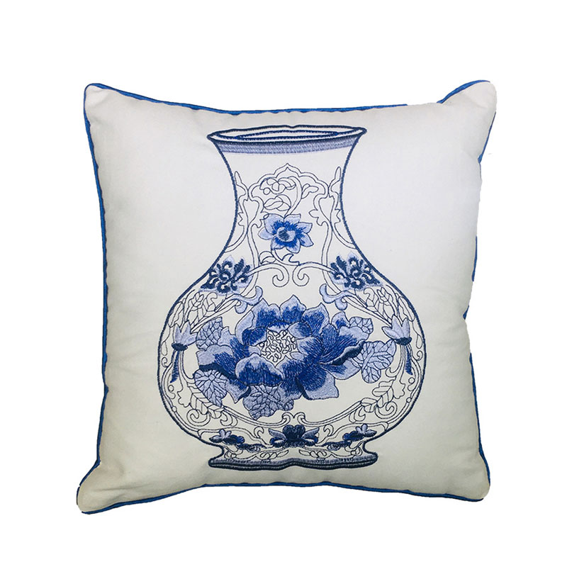 Cushion Cover with Embroidered Chinoiserie Blue White Vase 45x45cm – Style 2