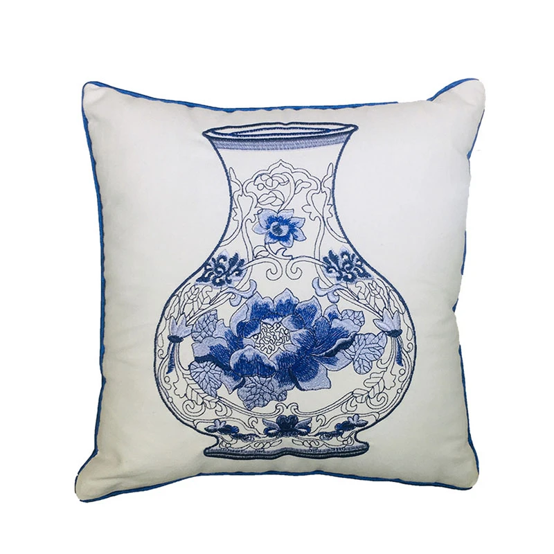 Cushion Cover with Embroidered Chinoiserie Blue White Vase 45x45cm – Style 2