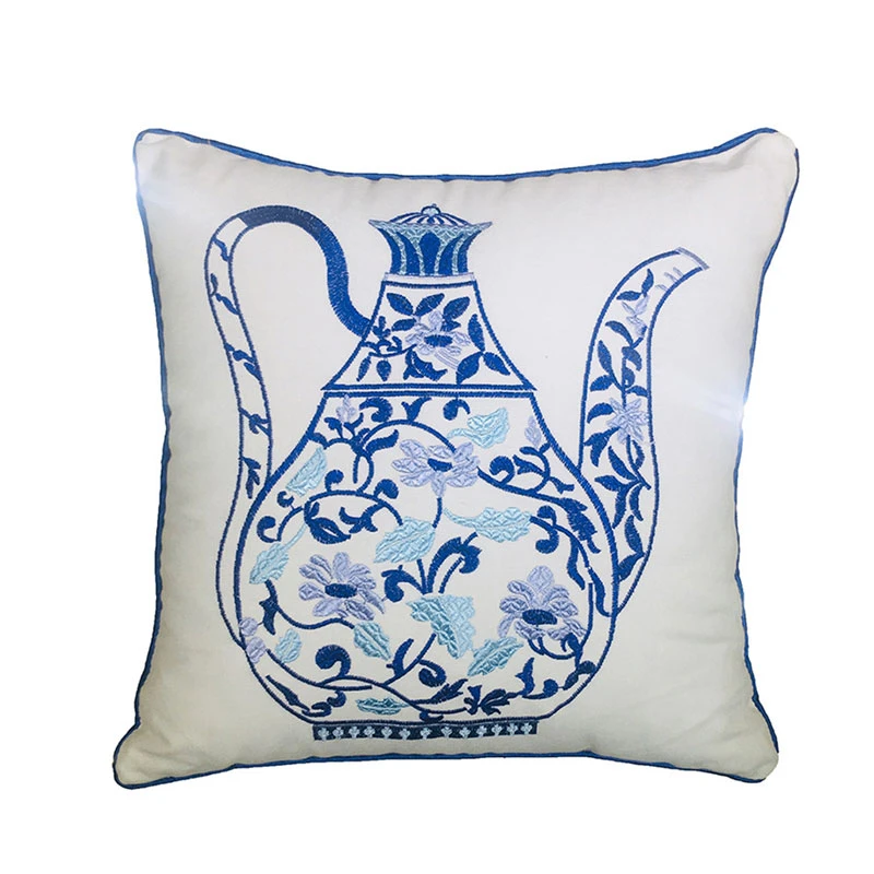 Cushion Cover with Embroidered Chinoiserie Blue White Vase 45x45cm ...
