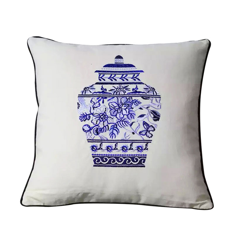 Cushion Cover with Embroidered Chinoiserie Blue White Vase 45x45cm – Style 4