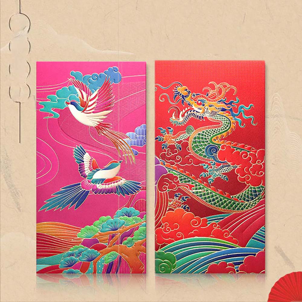 Set of 6 High Quality 160gsm Paper Red Packets with Red Dragon & Pink Birds