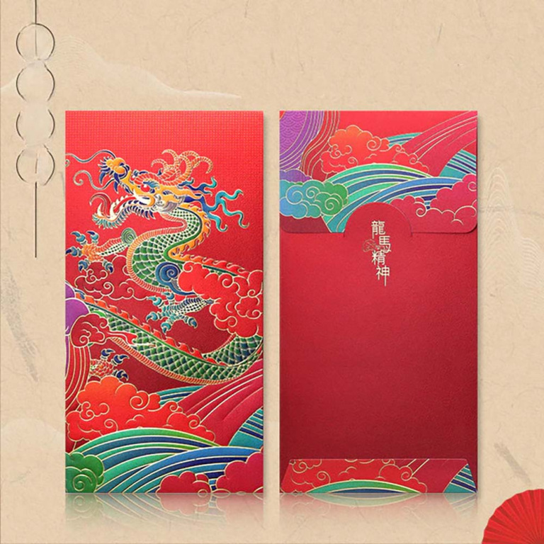 Set of 6 High Quality 160gsm Paper Red Packets with Red Dragon & Pink Birds