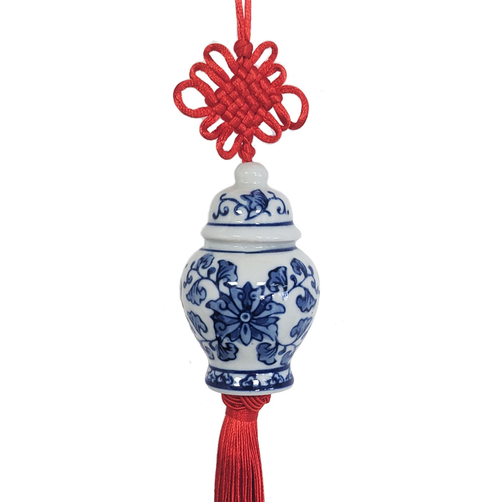 Blue White Ceramic Ginger Jar Charm with Red Tassel – Design 01