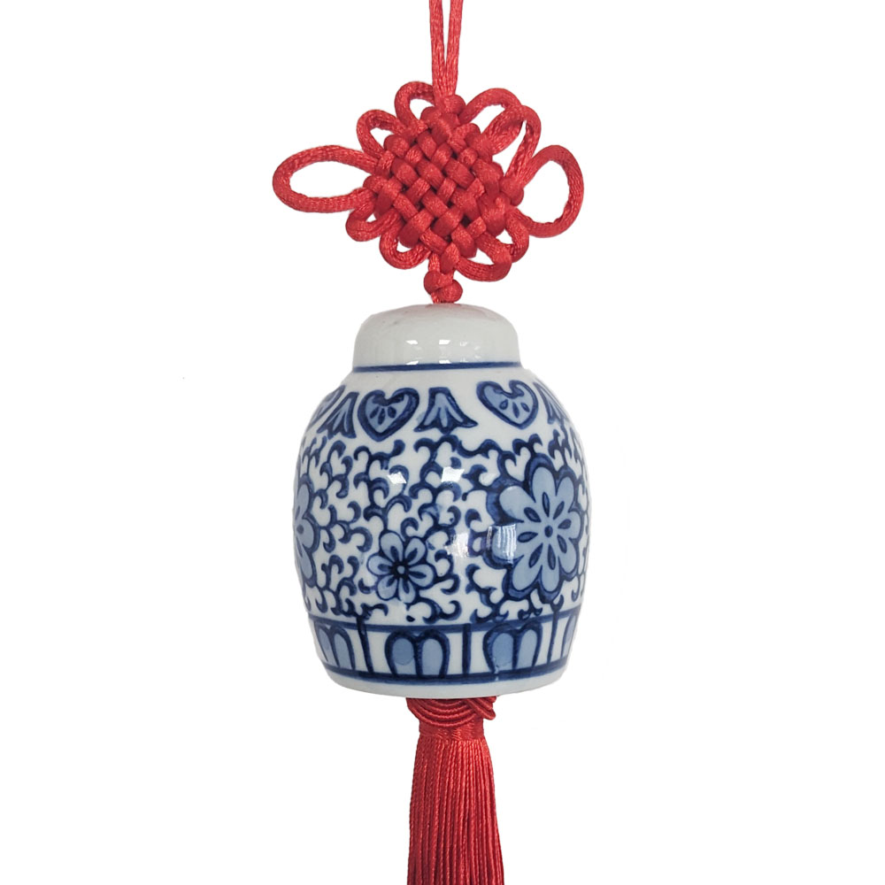 Blue White Ceramic Ginger Jar Charm with Red Tassel – Design 10