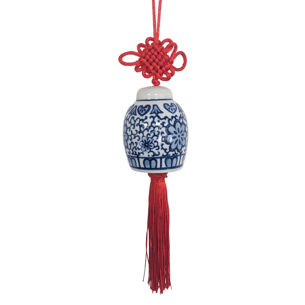 Blue White Ceramic Ginger Jar Charm with Red Tassel – Design 10