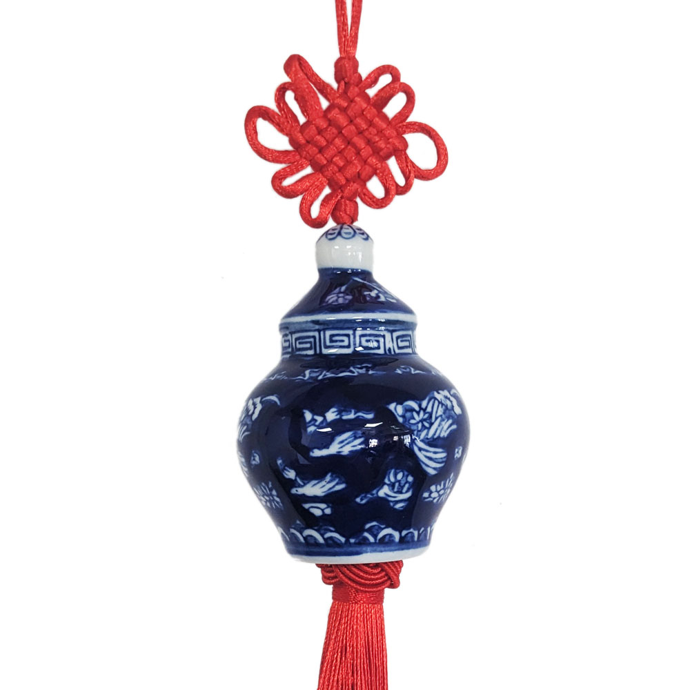 Blue White Ceramic Ginger Jar Charm with Red Tassel – Design 11