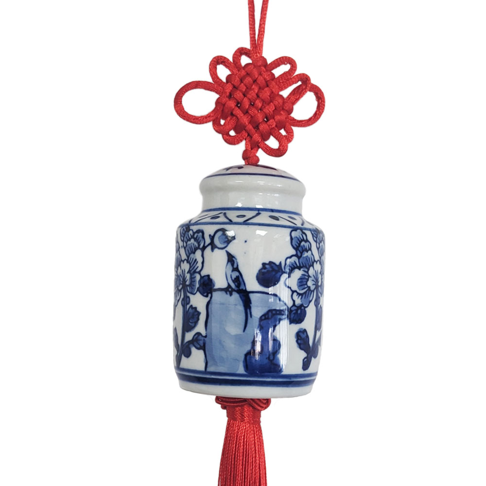 Blue White Ceramic Ginger Jar Charm with Red Tassel – Design 12