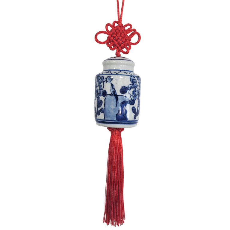 Blue White Ceramic Ginger Jar Charm with Red Tassel – Design 12