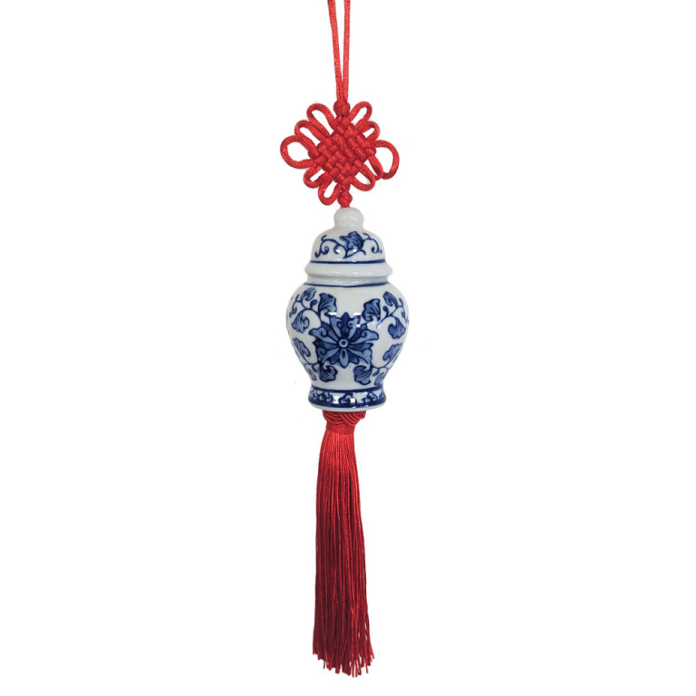 Blue White Ceramic Ginger Jar Charm with Red Tassel – Design 01