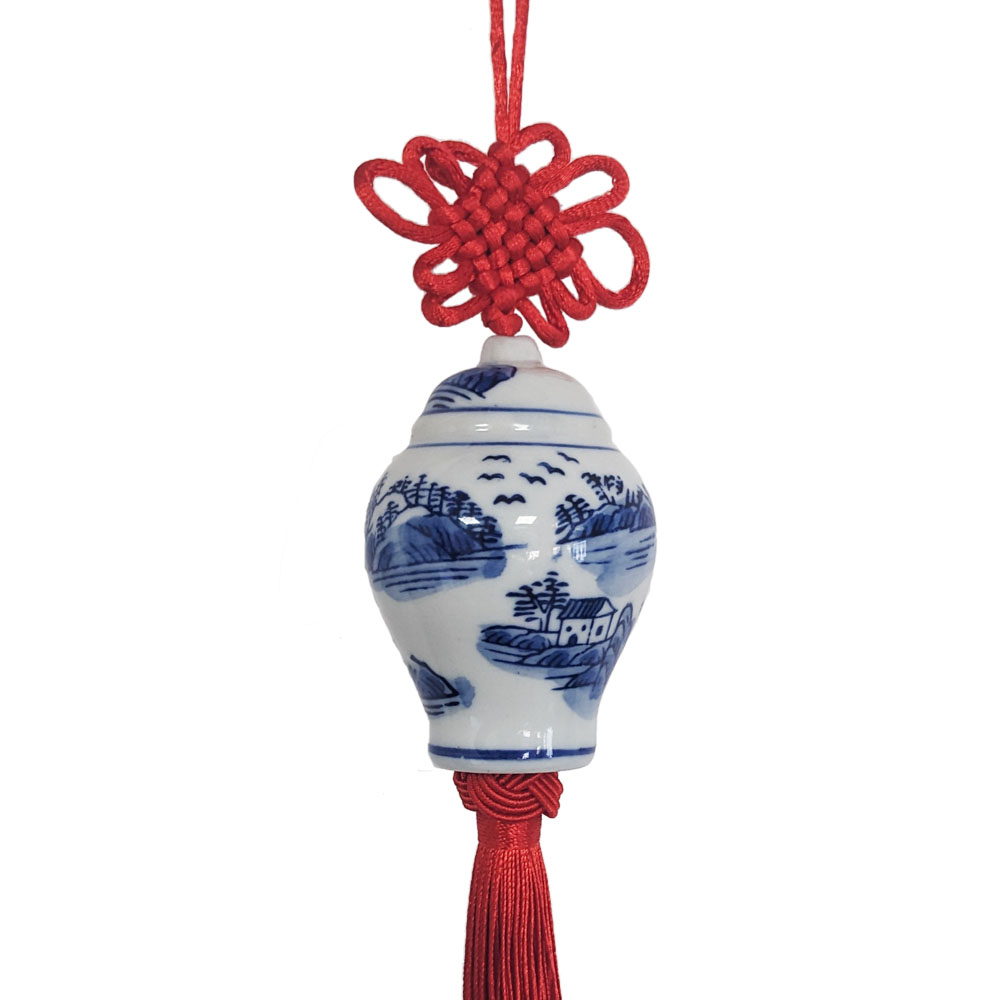 Blue White Ceramic Ginger Jar Charm with Red Tassel – Design 02