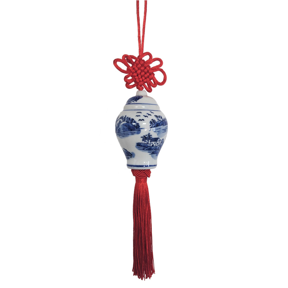 Blue White Ceramic Ginger Jar Charm with Red Tassel – Design 02
