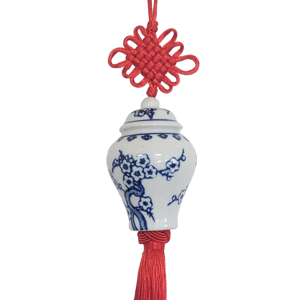 Blue White Ceramic Ginger Jar Charm with Red Tassel – Design 03