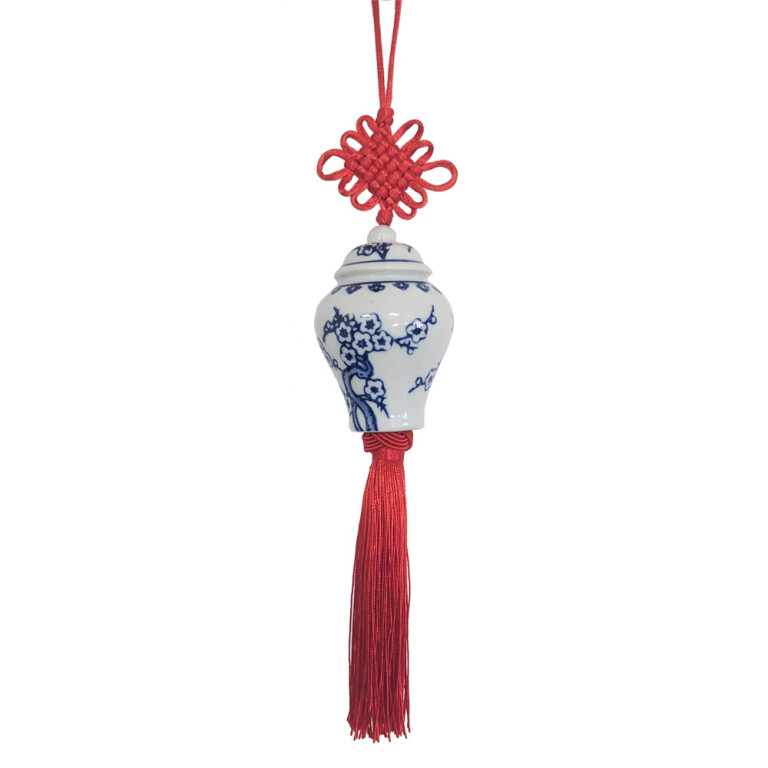 Blue White Ceramic Ginger Jar Charm with Red Tassel – Design 03