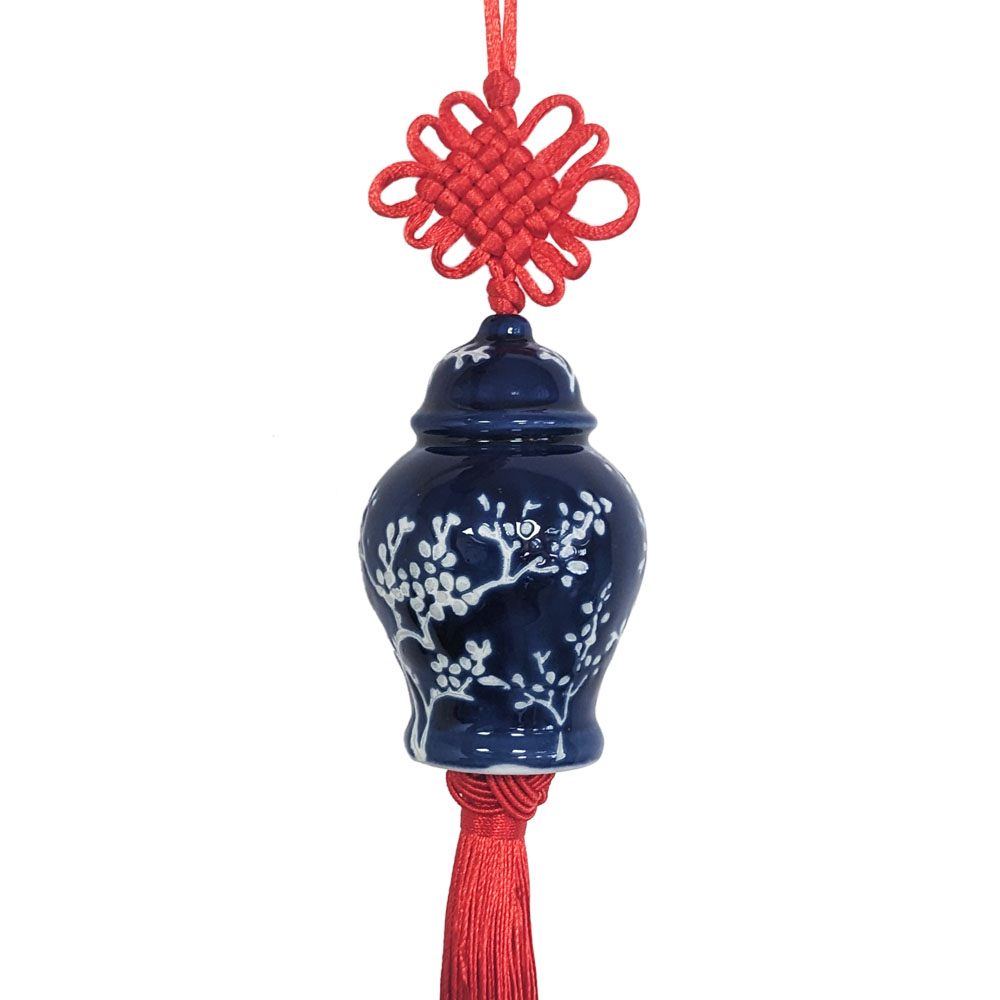 Blue White Ceramic Ginger Jar Charm with Red Tassel – Design 04