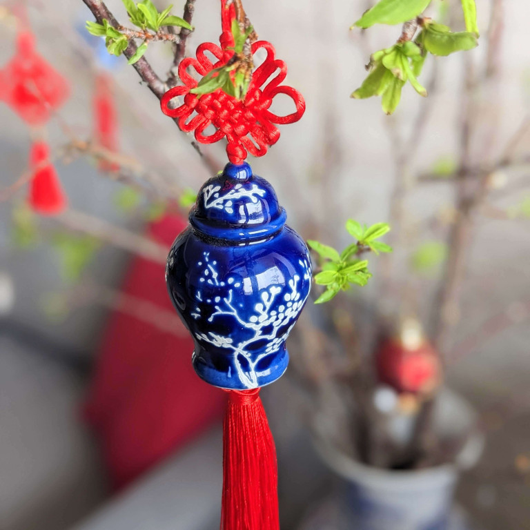 Blue White Ceramic Ginger Jar Charm with Red Tassel – Design 04
