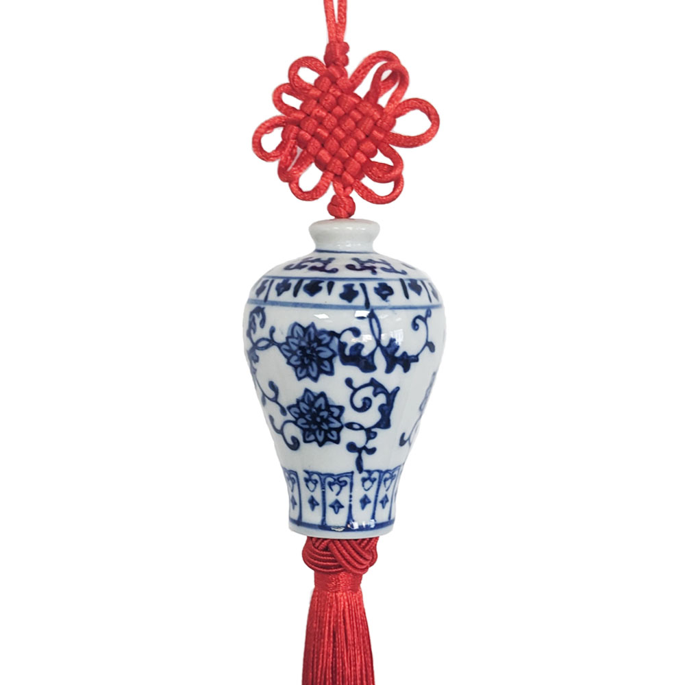 Blue White Ceramic Ginger Jar Charm with Red Tassel – Design 05