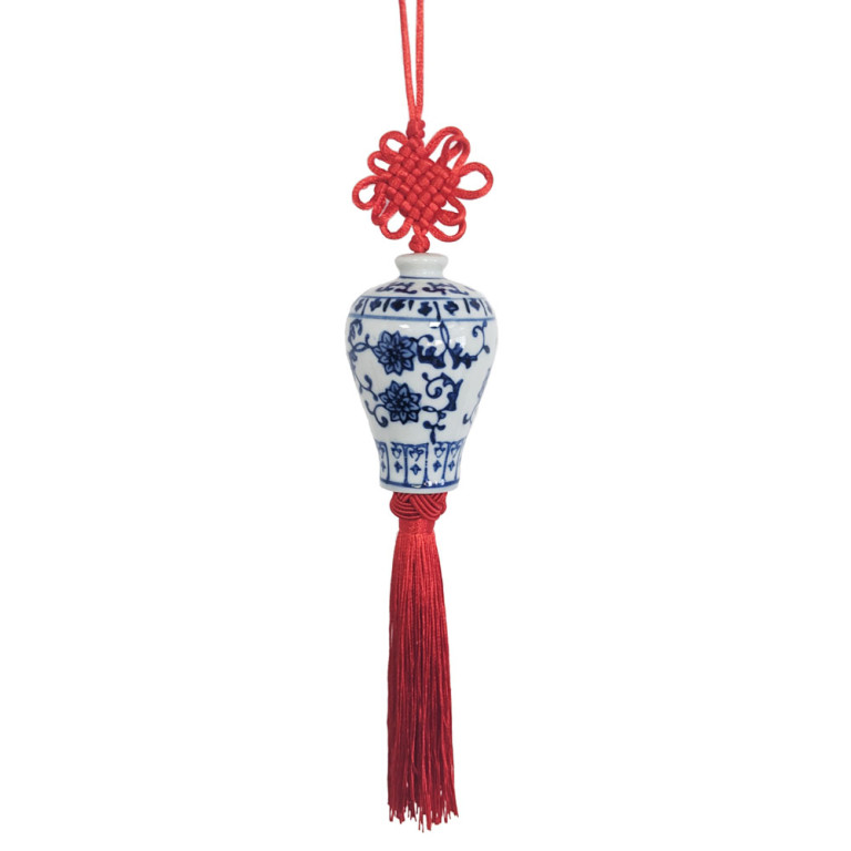 Blue White Ceramic Ginger Jar Charm with Red Tassel – Design 05