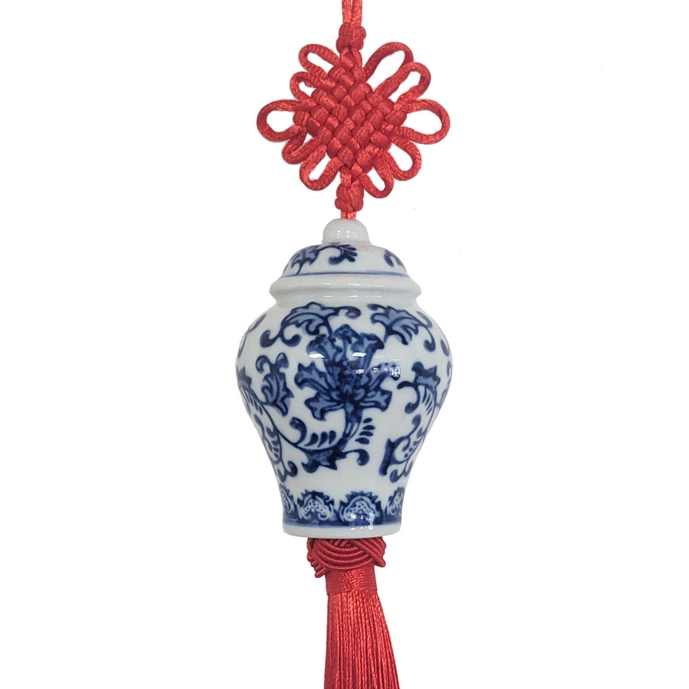 Blue White Ceramic Ginger Jar Charm with Red Tassel – Design 06