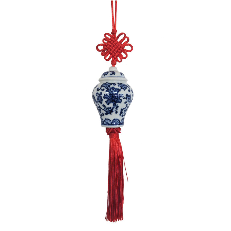 Blue White Ceramic Ginger Jar Charm with Red Tassel – Design 06