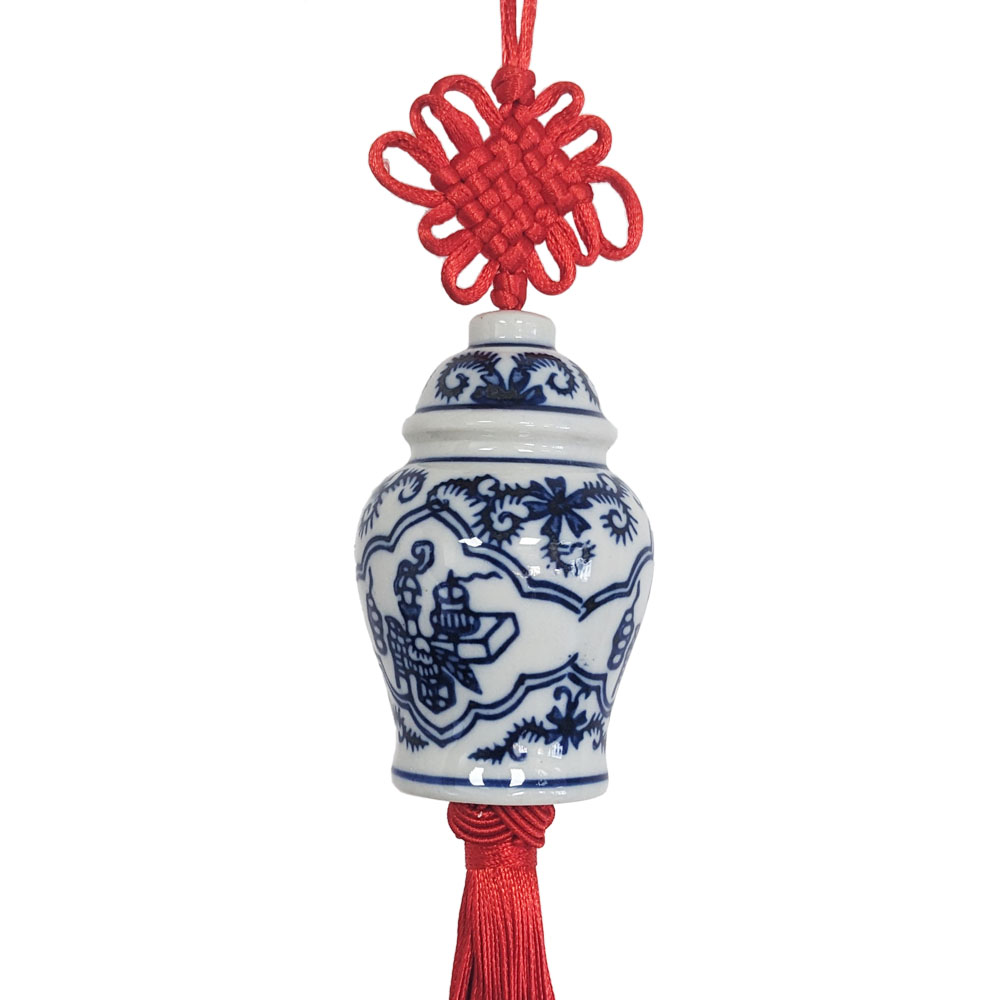 Blue White Ceramic Ginger Jar Charm with Red Tassel – Design 07