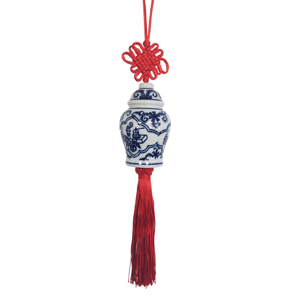 Blue White Ceramic Ginger Jar Charm with Red Tassel – Design 07