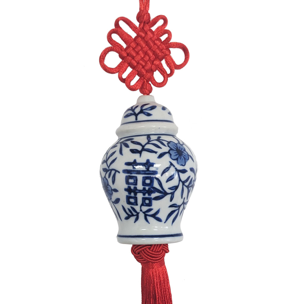 Blue White Ceramic Ginger Jar Charm with Red Tassel – Design 08