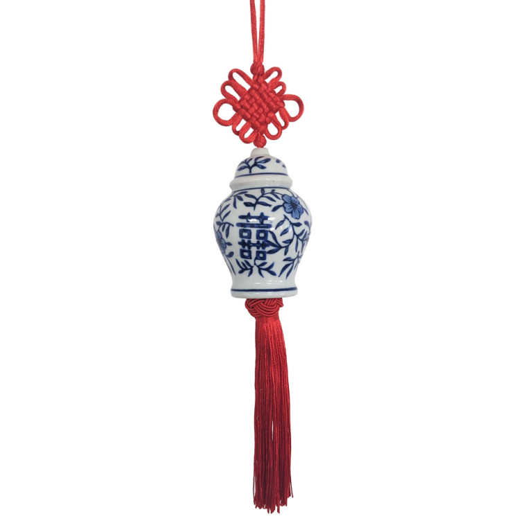 Blue White Ceramic Ginger Jar Charm with Red Tassel – Design 08