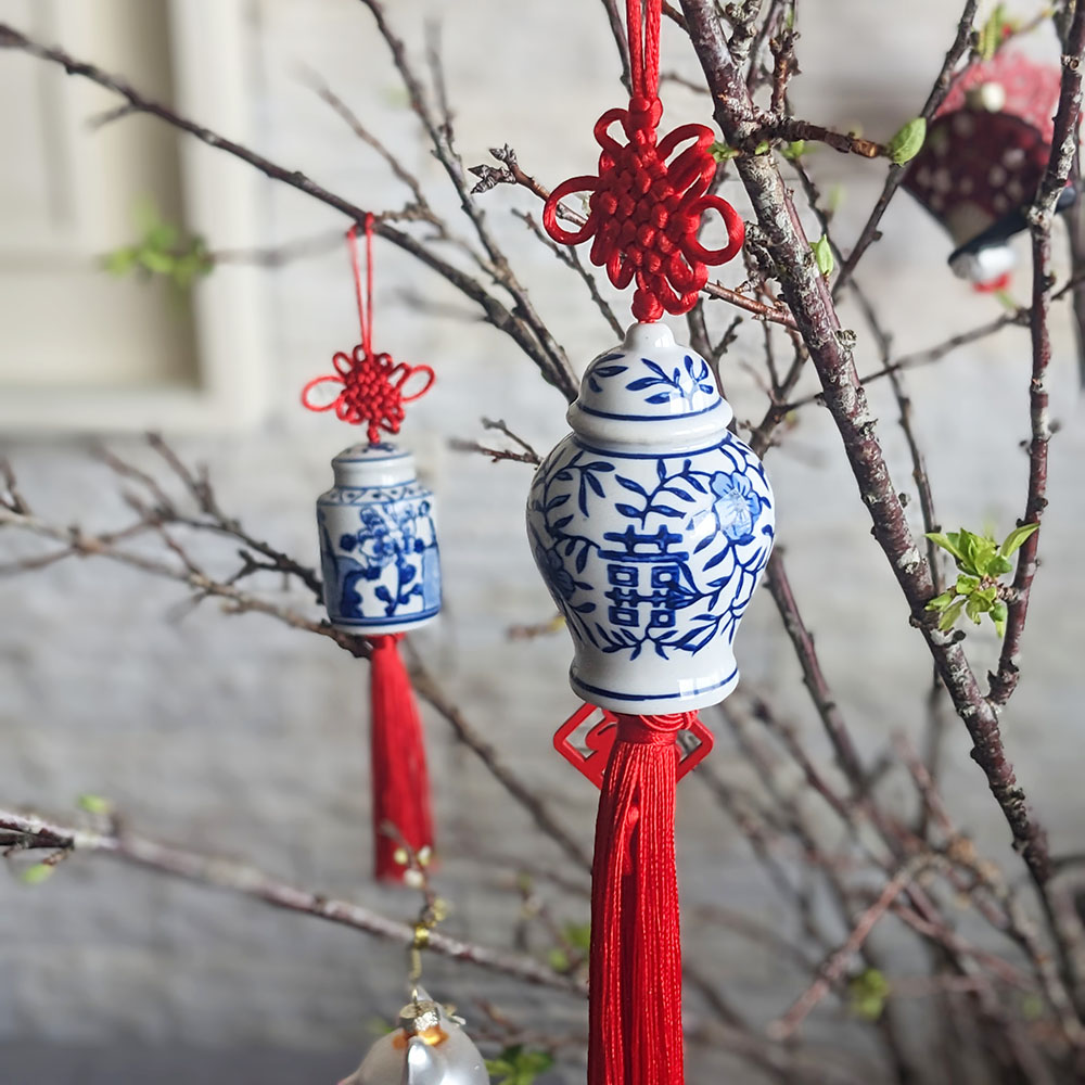 Blue White Ceramic Ginger Jar Charm with Red Tassel – Design 08
