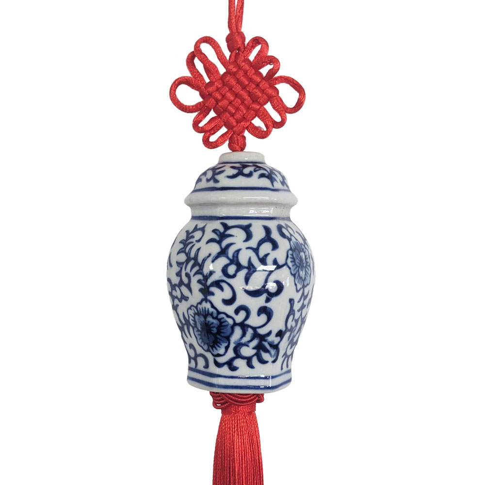 Blue White Ceramic Ginger Jar Charm with Red Tassel – Design 09