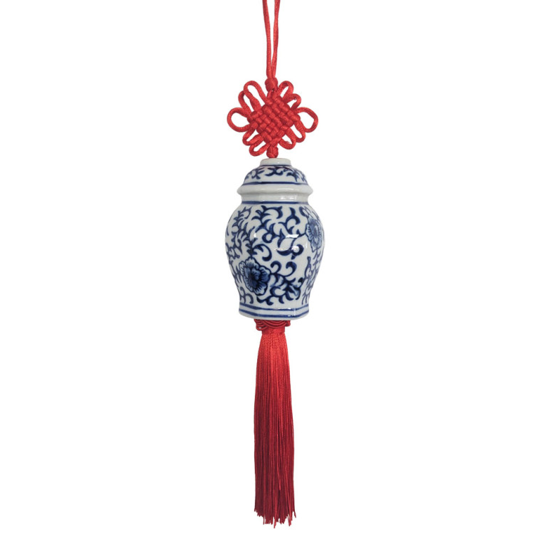 Blue White Ceramic Ginger Jar Charm with Red Tassel – Design 09