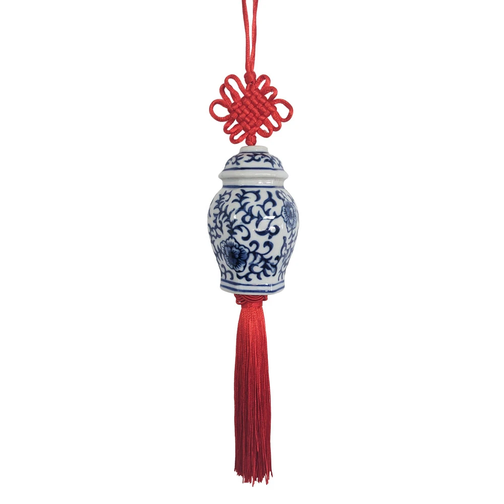 Blue White Ceramic Ginger Jar Charm with Red Tassel – Design 09