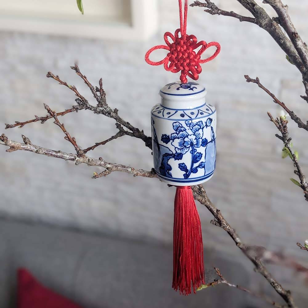 Blue White Ceramic Ginger Jar Charm with Red Tassel – Design 12