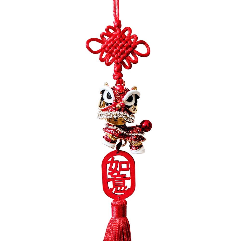 Lion Charm with Red Tassel and Wooden Wishes