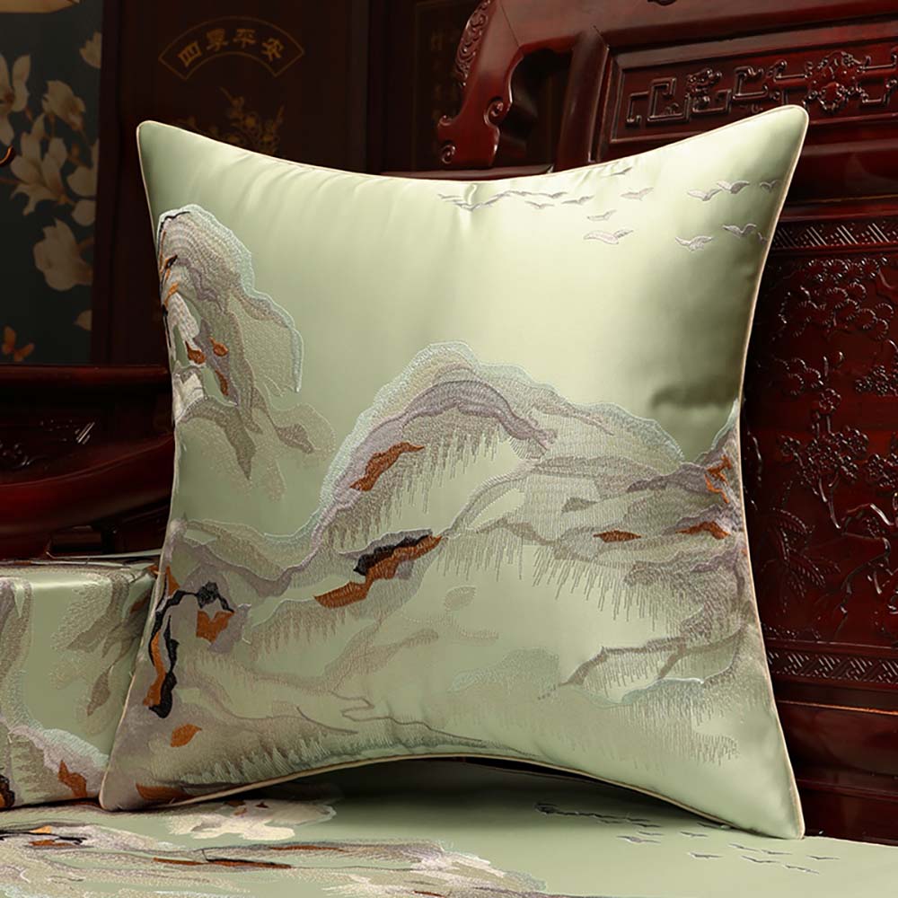 Cushion Cover with Embroidered Mountain Scene in Green – Size 45x45cm