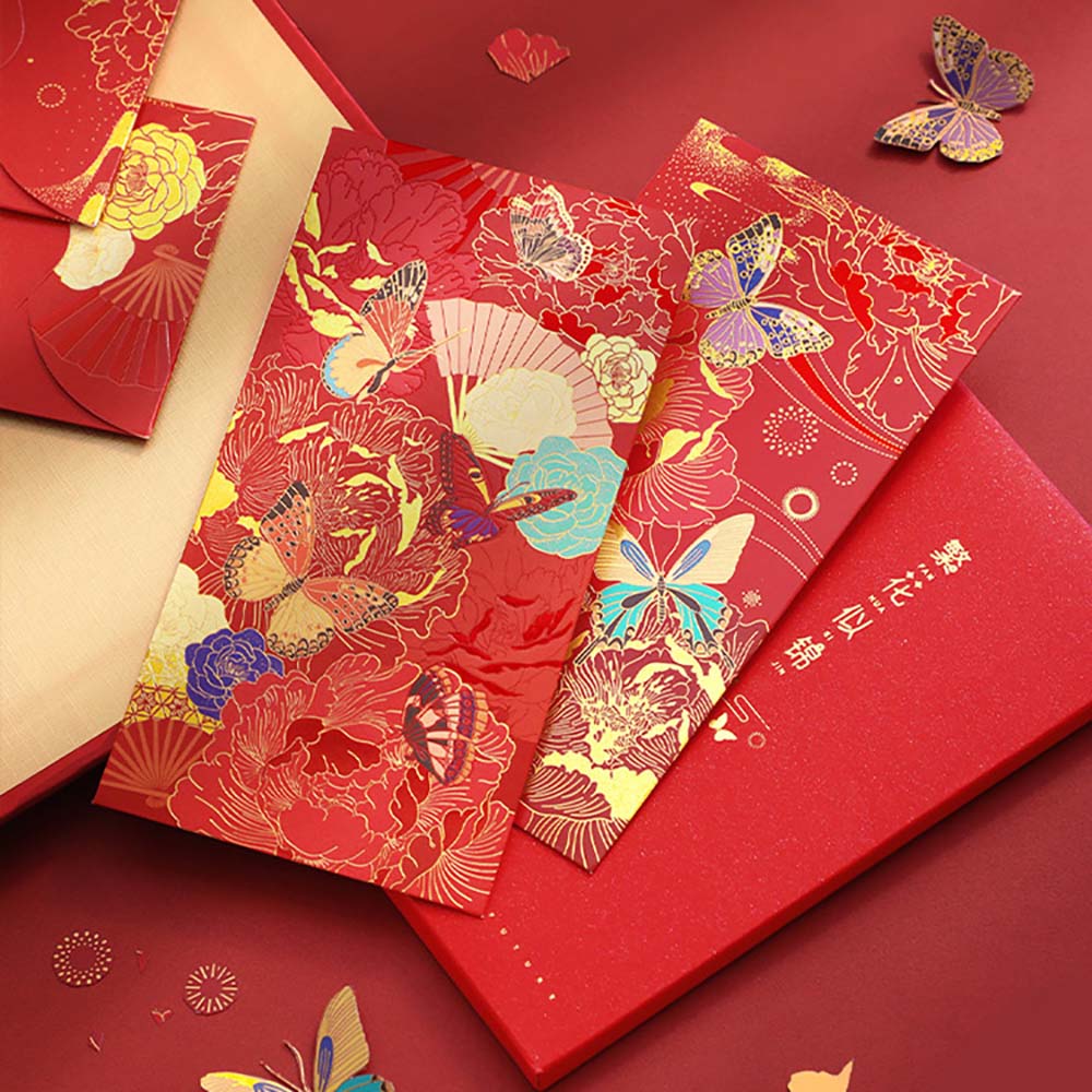 Set of 6 High Quality 200gsm Paper Red Packets with Butterflies