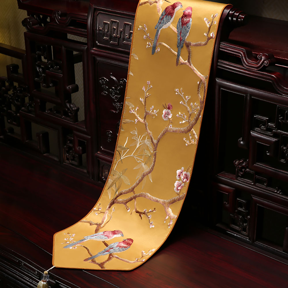 Table Runner Love Birds Embroidery in Yellow