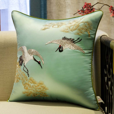 Cushion Cover with Embroidered Mountain Scene in Gold – Size 45x45cm