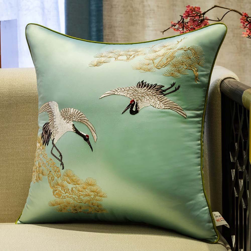Cushion Cover with Embroidered Cranes & Pine Tree in Light Blue – Size 45x45cm